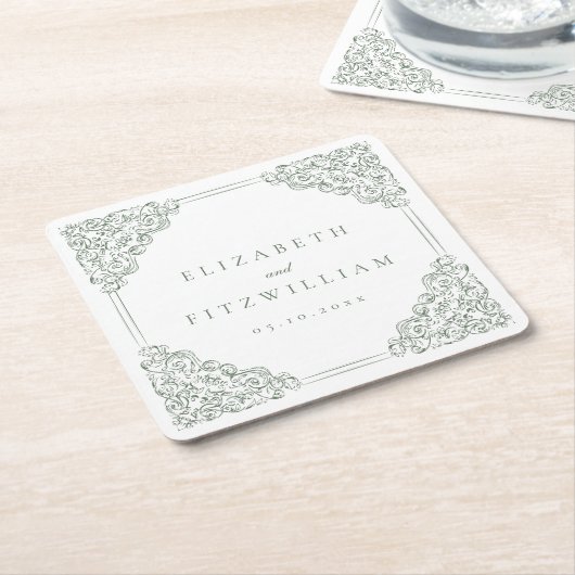 ヴィンテージミュートされた華美緑のフレ結婚ーム スクエアペーパーコースター (アングル)