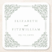 ヴィンテージミュートされた華美緑のフレ結婚ーム スクエアペーパーコースター (正面)