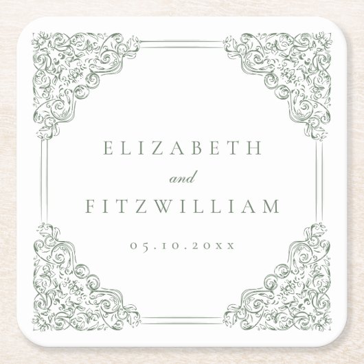 ヴィンテージミュートされた華美緑のフレ結婚ーム スクエアペーパーコースター (正面)