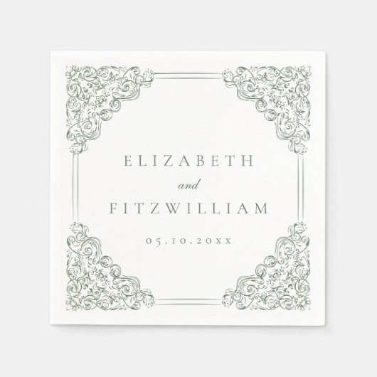 ヴィンテージミュートされた華美緑のフレ結婚ーム スタンダードカクテルナプキン (正面)