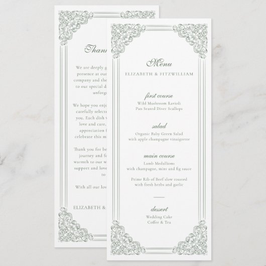 ヴィンテージミュート緑の結婚フレームのメニュー+ありがとうございます メニュー (正面/裏面)