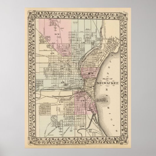 ヴィンテージミルウォーキーの地図(1880) ポスター (正面)