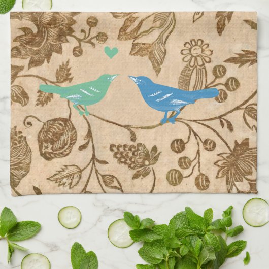 ヴィンテージミントとアクアラブ鳥の花柄 キッチンタオル (折り畳み)