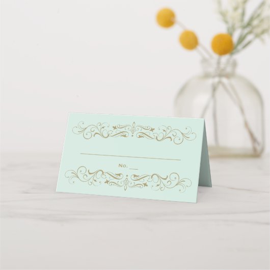 ヴィンテージミントとアンティーク金ゴールドフローリッシュ結婚ズ プレイスカード (正面)