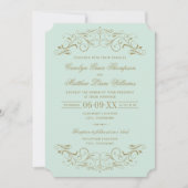 ヴィンテージミントとアンティーク金ゴールドフローリッシュ結婚ズ 招待状 (正面)