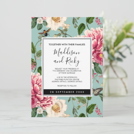 ヴィンテージミントアクアフローラ庭園の結婚式招待状 招待状 (スタンド正面)
