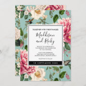 ヴィンテージミントアクアフローラ庭園の結婚式招待状 招待状 (正面/裏面)