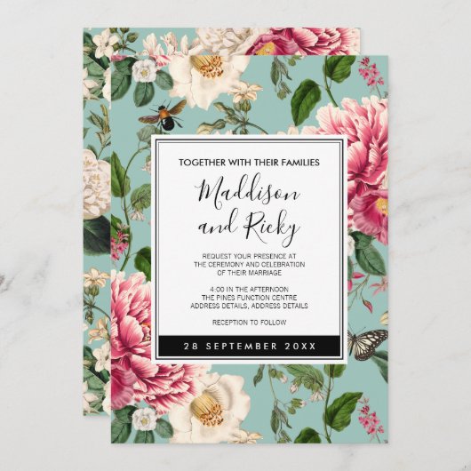 ヴィンテージミントアクアフローラ庭園の結婚式招待状 招待状 (正面/裏面)