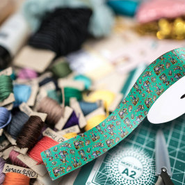 ヴィンテージミントグリーンウォーターカラーイースターバニーパターン サテンリボン