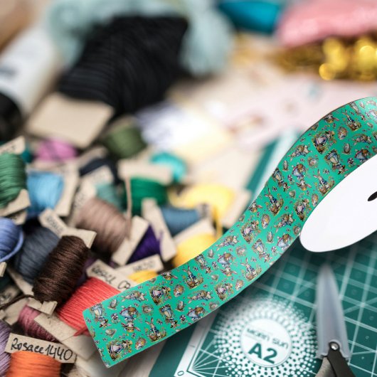 ヴィンテージミントグリーンウォーターカラーイースターバニーパターン サテンリボン