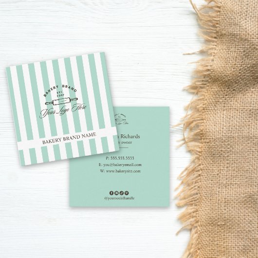 ヴィンテージミントグリーンエレガントストライプのベーカリーロゴ スクエア名刺