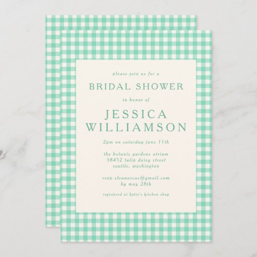 ヴィンテージミントグリーンジンガムプレイドブライダルシャワー 招待状 (正面/裏面)