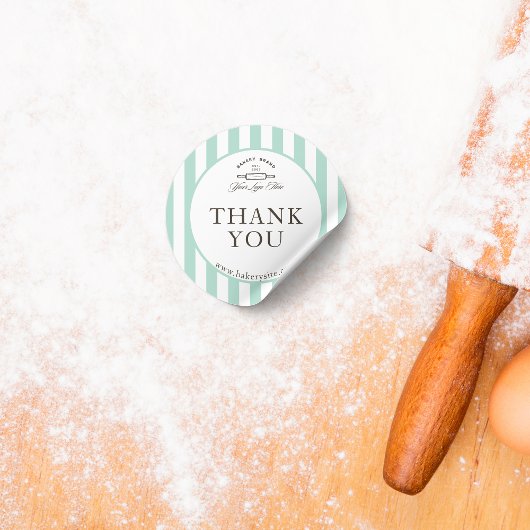 ヴィンテージミントグリーンストライプのベーカリーロゴありがとう ラウンドシール