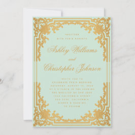 ヴィンテージミントフェイク金ゴールド華美スクリプトグリーン結婚( 招待状