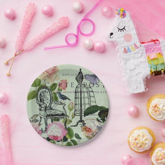 ヴィンテージミントフランスのピンクローズパリパーティー ペーパープレート (パーティー)