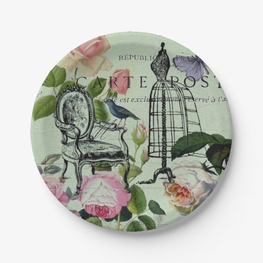 ヴィンテージミントフランスのピンクローズパリパーティー ペーパープレート (正面)