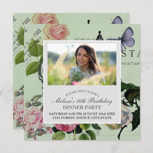 ヴィンテージミントフランスのピンクローズパリパーティー 招待状 (正面/裏面)