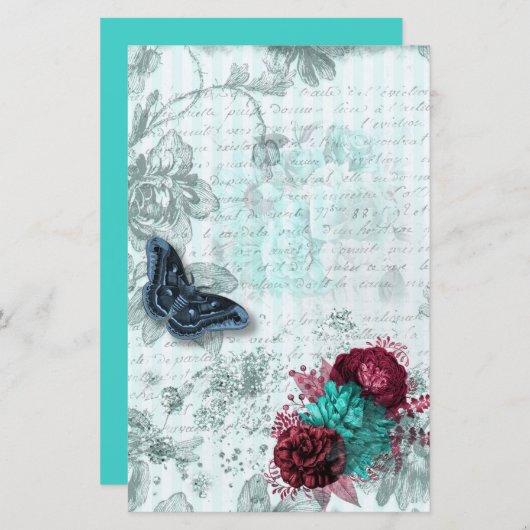 ヴィンテージミントブルゴーニュバタフライスクラップブック紙 (正面/裏面)