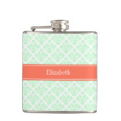 ヴィンテージミントホワイトダマスク#3コーラルネームモノグラム フラスク (正面)