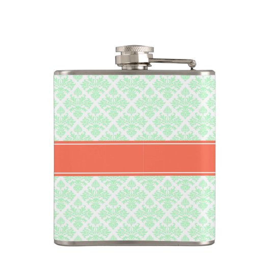 ヴィンテージミントホワイトダマスク#3コーラルネームモノグラム フラスク (裏面)