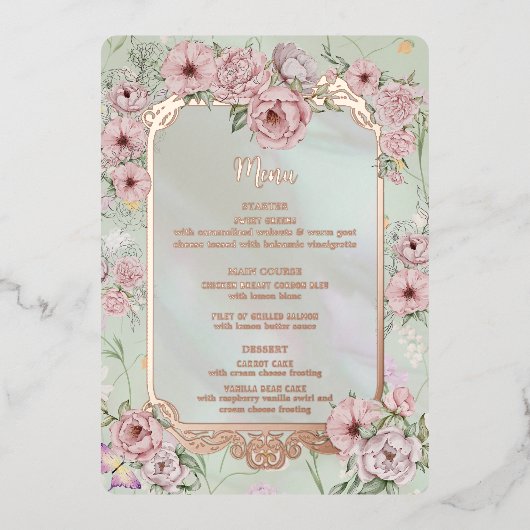 ヴィンテージミント結婚牡丹のフォイルのメニューカード 箔招待状 (正面)