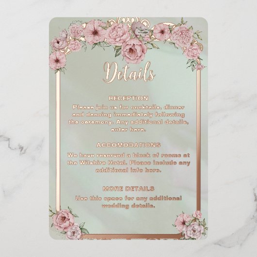 ヴィンテージミント結婚牡丹のホイルエンクロージャカード 箔招待状 (正面)