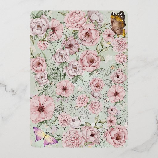 ヴィンテージミント結婚牡丹のホイルエンクロージャカード 箔招待状 (裏面)