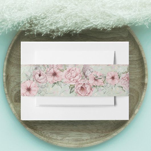 ヴィンテージミント結婚牡丹 招待状ベリーバンド