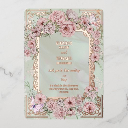 ヴィンテージミント結婚牡丹 箔招待状 (正面)