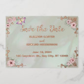 ヴィンテージミント結婚Peony's foil日付カードを保存 箔招待状 (正面)