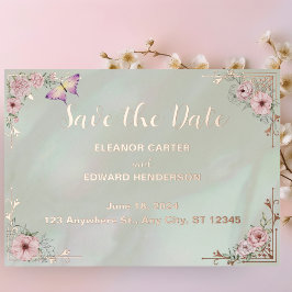 ヴィンテージミント結婚Peony's foil日付カードを保存 箔招待状