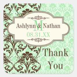 ヴィンテージミント、ブラウンスクロール1.5インチ結婚ステッカー スクエアシール