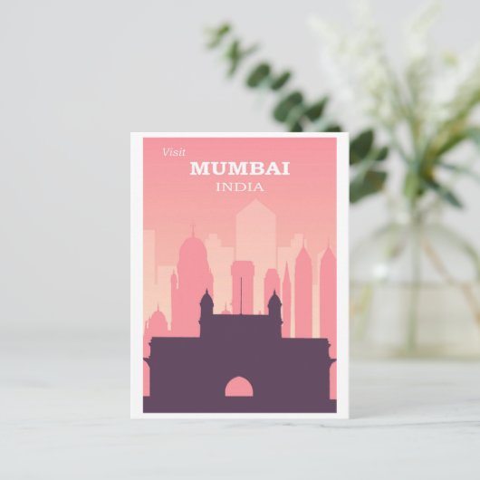 ヴィンテージムンバイインディアシティスカイラインピンク ポストカード (スタンド正面)