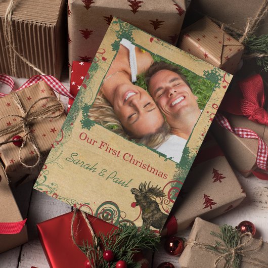 ヴィンテージムース私たちの初めてのクリスマス写真はがき シーズンポストカード
