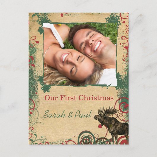 ヴィンテージムース私たちの初めてのクリスマス写真はがき シーズンポストカード (正面)