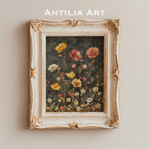 ヴィンテージムーディダークフラワーアートビクトリアンフローラ ポスター