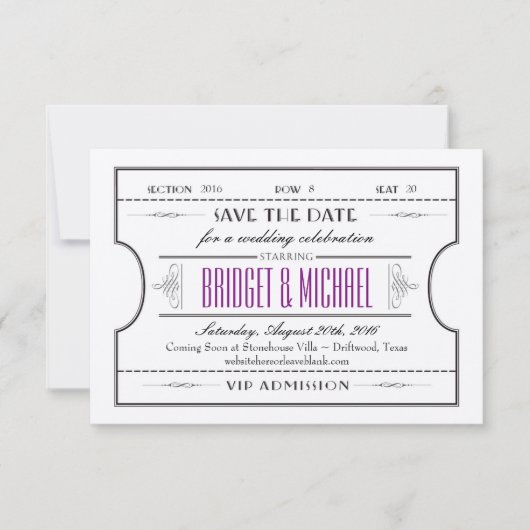 ヴィンテージムービーチケットウェディング日付の保存 セーブザデート (正面)