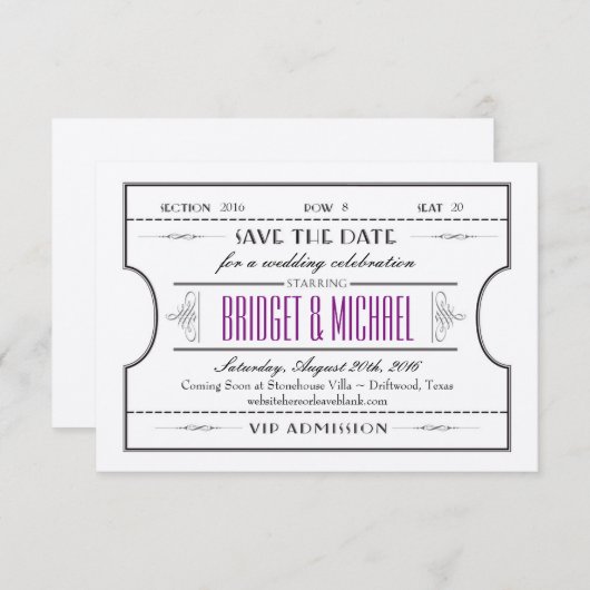 ヴィンテージムービーチケットウェディング日付の保存 セーブザデート (正面/裏面)