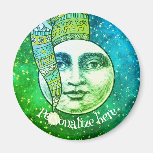 ヴィンテージムーン冬お洒落帽子ブルーティール（緑がかった色） マグネット (正面)