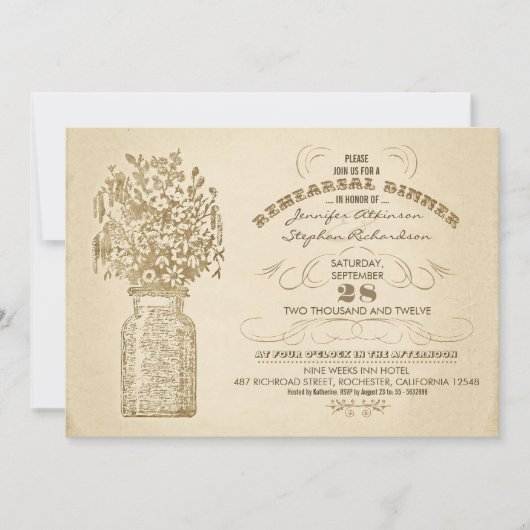 ヴィンテージメイソンジャーでのリハーサルディナー招待状 招待状 (正面)