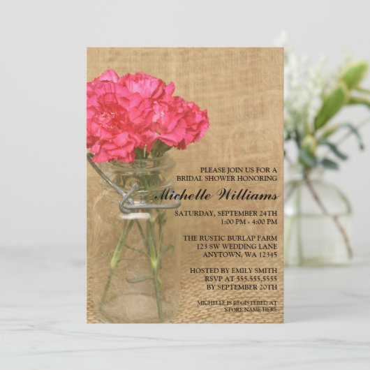ヴィンテージメイソンジャーピンクカーネーションズブライダルシャワー 招待状 (スタンド正面)