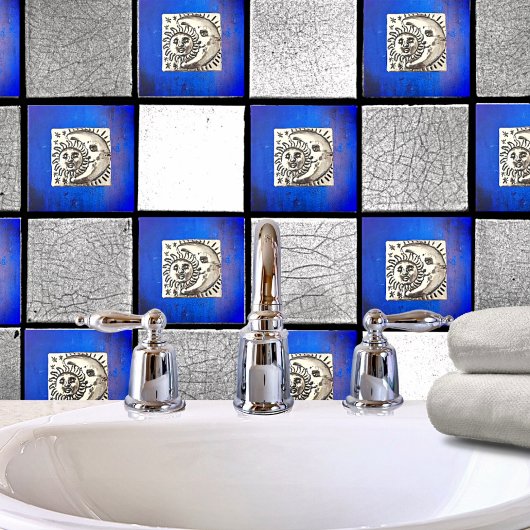 ヴィンテージメキシカンムーン&サンオンブルーセラミック タイル