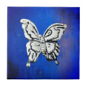 ヴィンテージメキシカン銀色の蝶の上の青いセラミック タイル (正面)