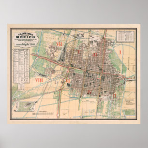 ヴィンテージメキシコシティの地図(1886年) ポスター