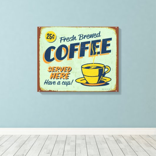 ヴィンテージメタルサイン – フレッシュ醸造コーヒー キャンバスプリント (インサイチュ (ウッドフロア))