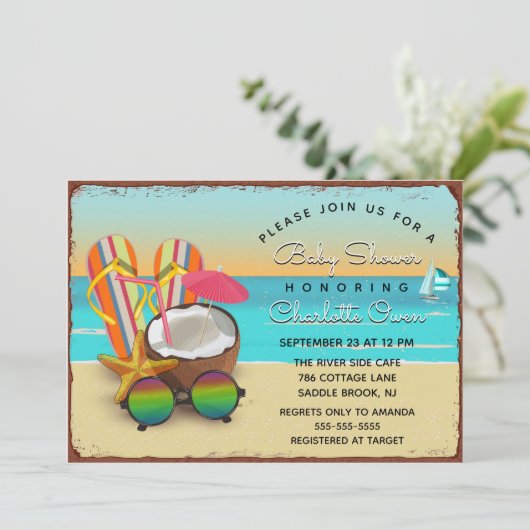 ヴィンテージメタル標識ビーチパーティーベビーシャワー 招待状 (スタンド正面)