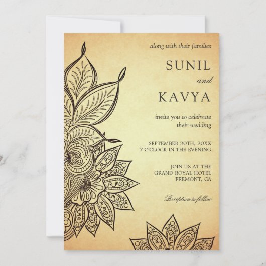 ヴィンテージメフェンディヘナインディアン結婚式招待状 招待状 (正面)