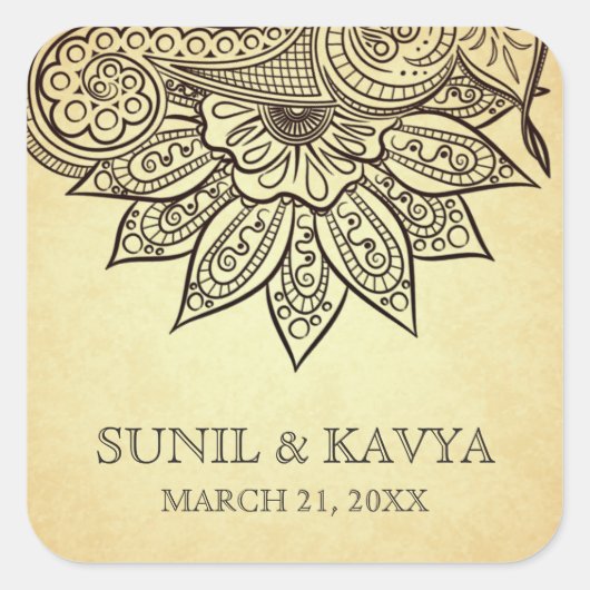 ヴィンテージメヘンディヘナインディアン結婚式の引き出物シール スクエアシール (正面)