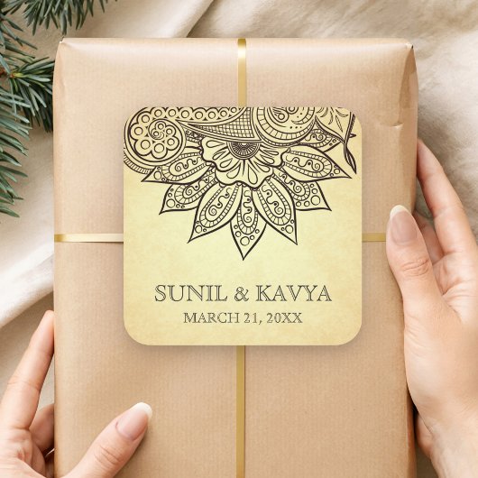 ヴィンテージメヘンディヘナインディアン結婚式の引き出物シール スクエアシール