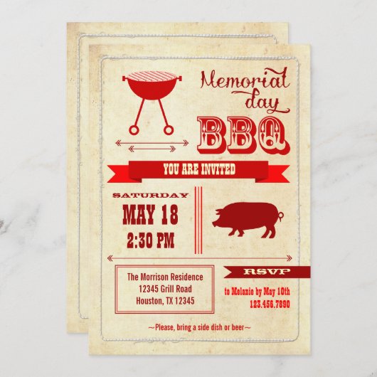 ヴィンテージメモリアルデーBBQ招待状 招待状 (正面/裏面)
